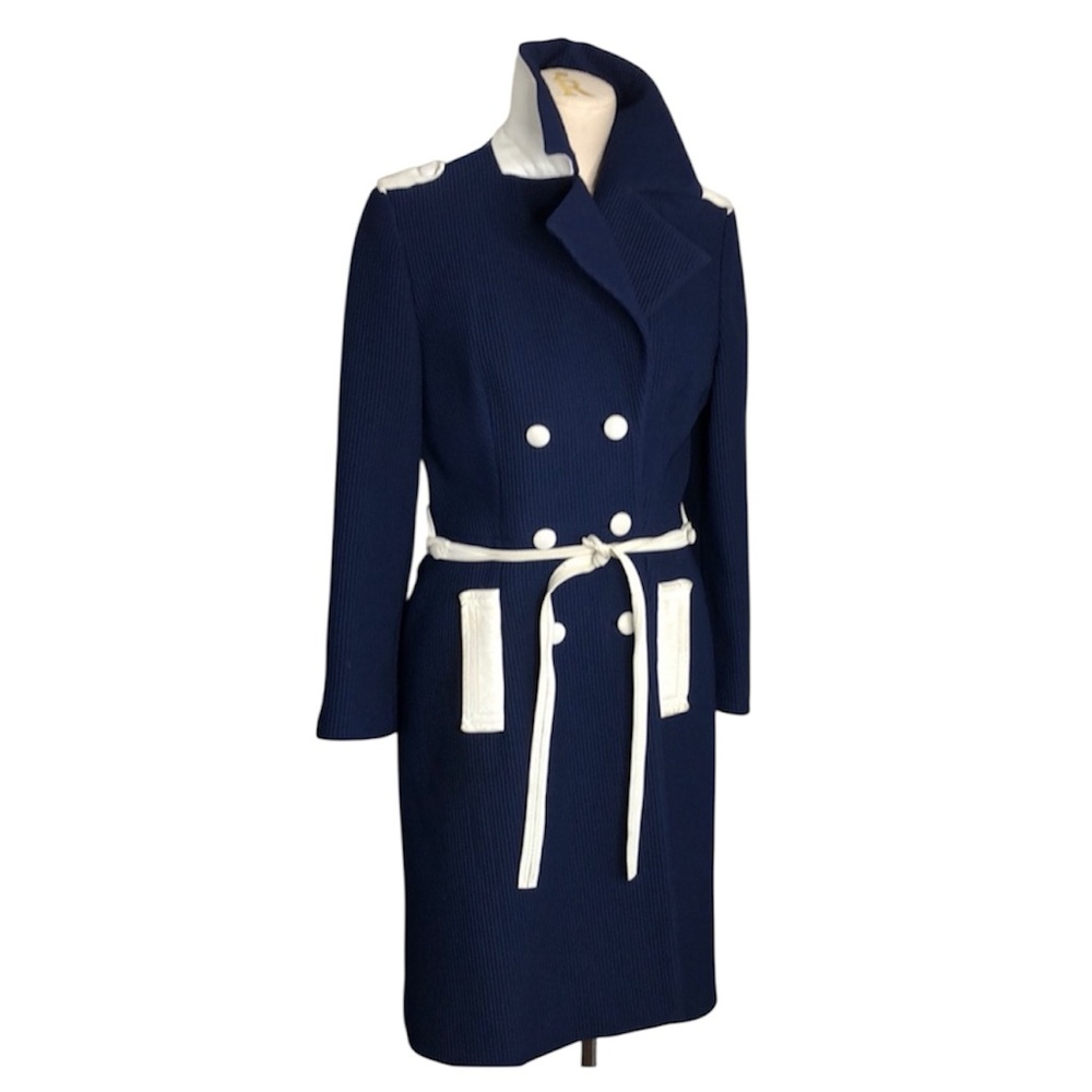 60’s Vintage Lilli Ann Knit leather trimmed belted coat blue/white small